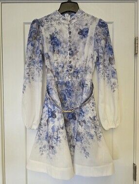 Commense White and Blue Floral Long-Sleeve Fit-and-Flare Dress